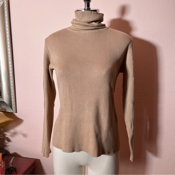 Vintage 90 Y2K Liz Claiborne Ribbed Camel Turtleneck Sweater Cotton Fitted - Picture 15 of 17